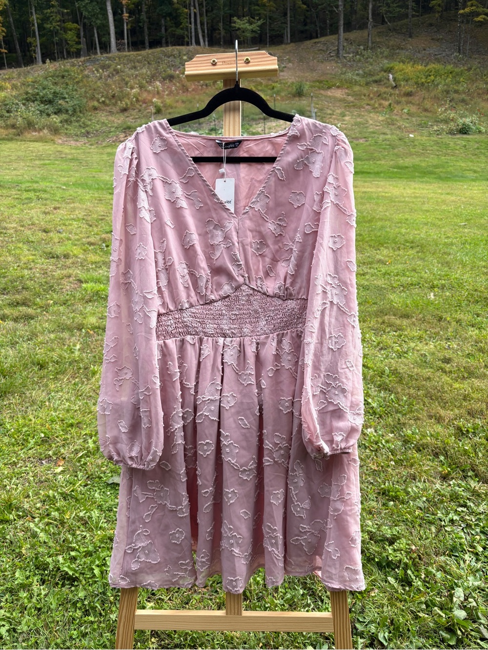 Simple Dusty Rose Embroidered V-Neck Long Sleeve Dress